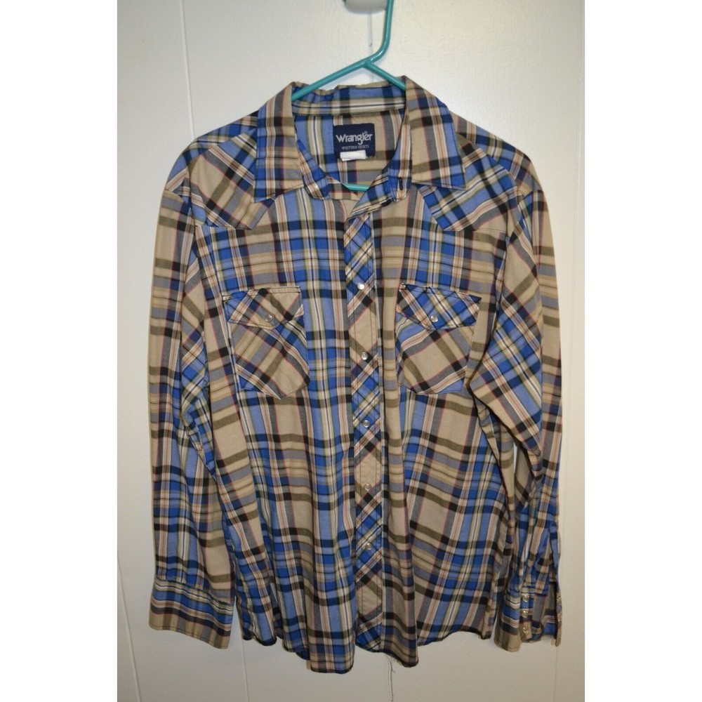 VTG Wrangler Western Pearl Snap Shirt Mens XL Blue Stripe Long Sleeve